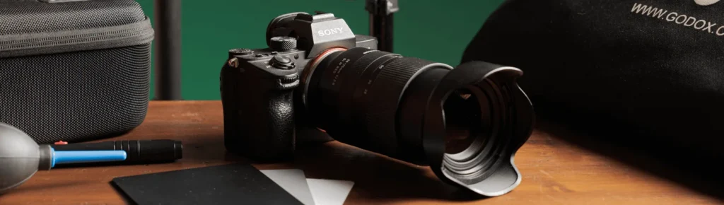 Càmera fotogràfica amb objectiu sobre una taula, imatge del curs de fotografia per a principiants